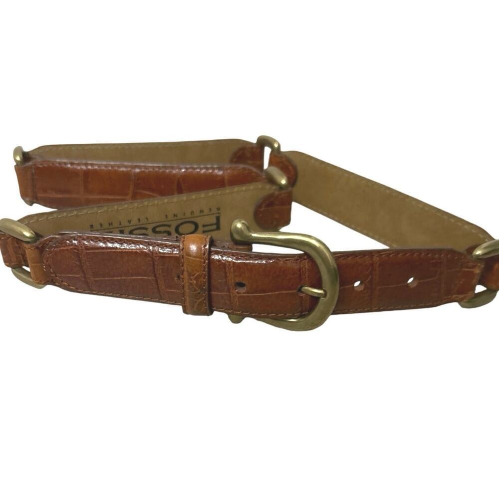 Fossil Brown Leather Croc Embossed Brass Links & Buckle Size Large